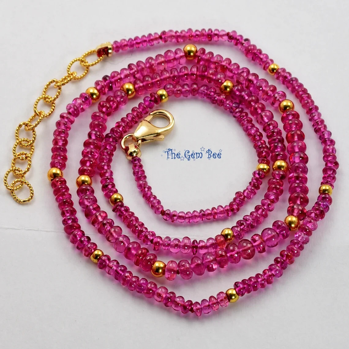 18K Yellow Gold Gem Grade No Heat Ruby Smooth Rondelle Bead Necklace 17″-18.5″