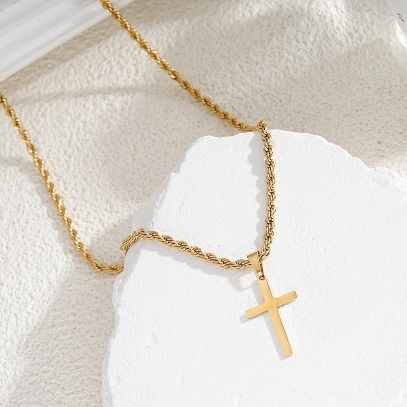 Men’s Silver & Gold Rope Chain Necklace Cross Pendant Stainless Steel Jewelry