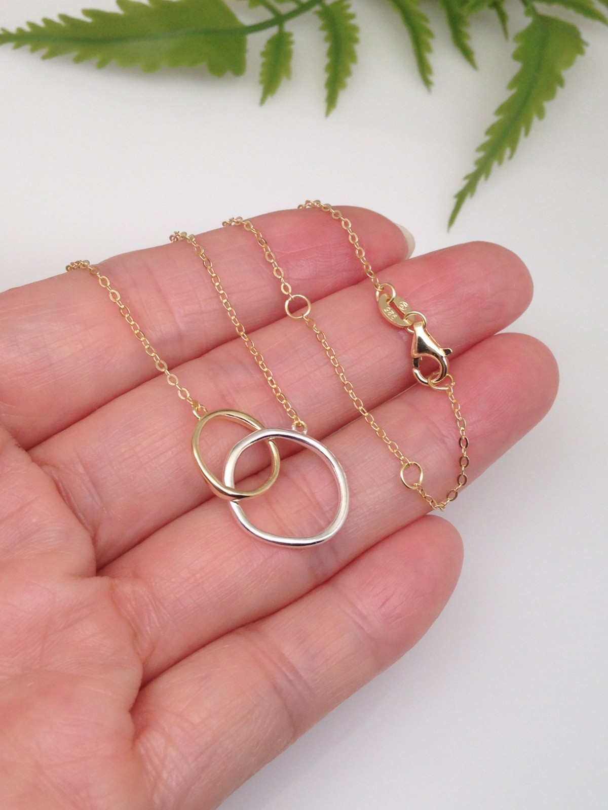 925 Sterling Silver Two Tone Circle Pendant Necklace Interlocked 10.8/14mm Women