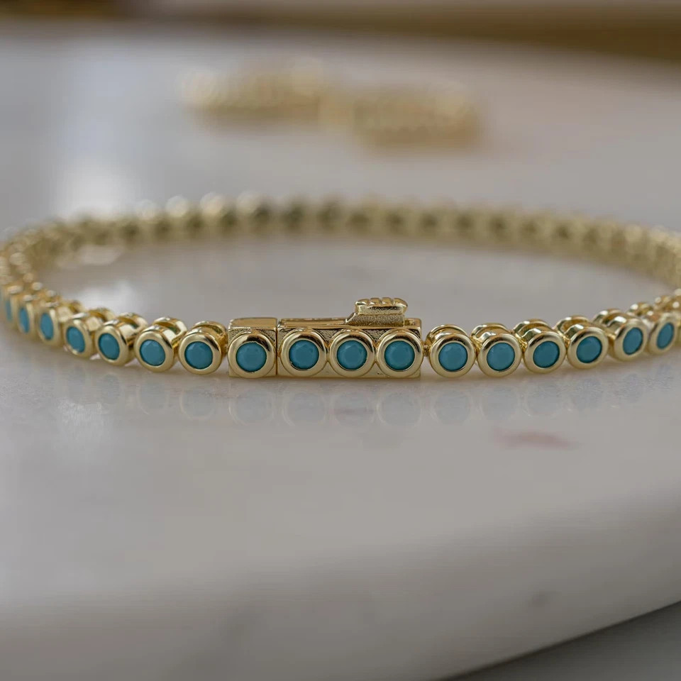 Beautiful Bezeled Turquoise Tennis Bracelet in 18K Yellow Gold Over 7″ For Her