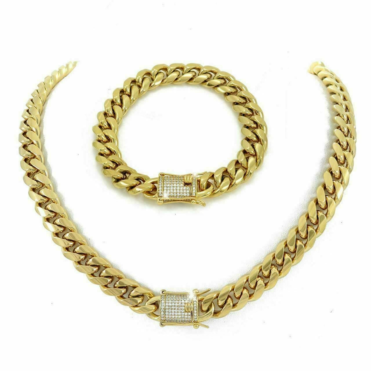 Men Real Cuban Miami Link Bracelet Chain Set 18k Gold Plated Simulated Diamond