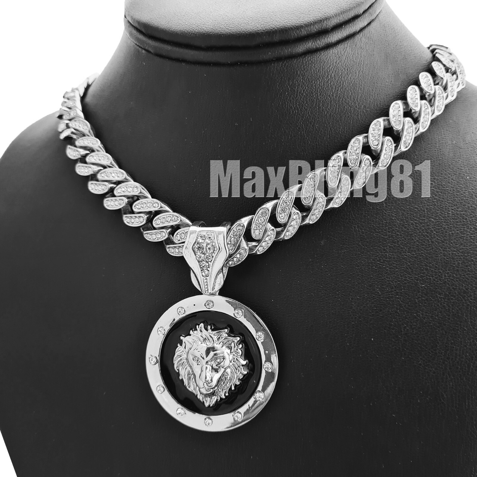 Hip Hop Silver Lion Head Pendant 16″ 18″ 20″ 24″ Iced Cuban Chain Bling Necklace