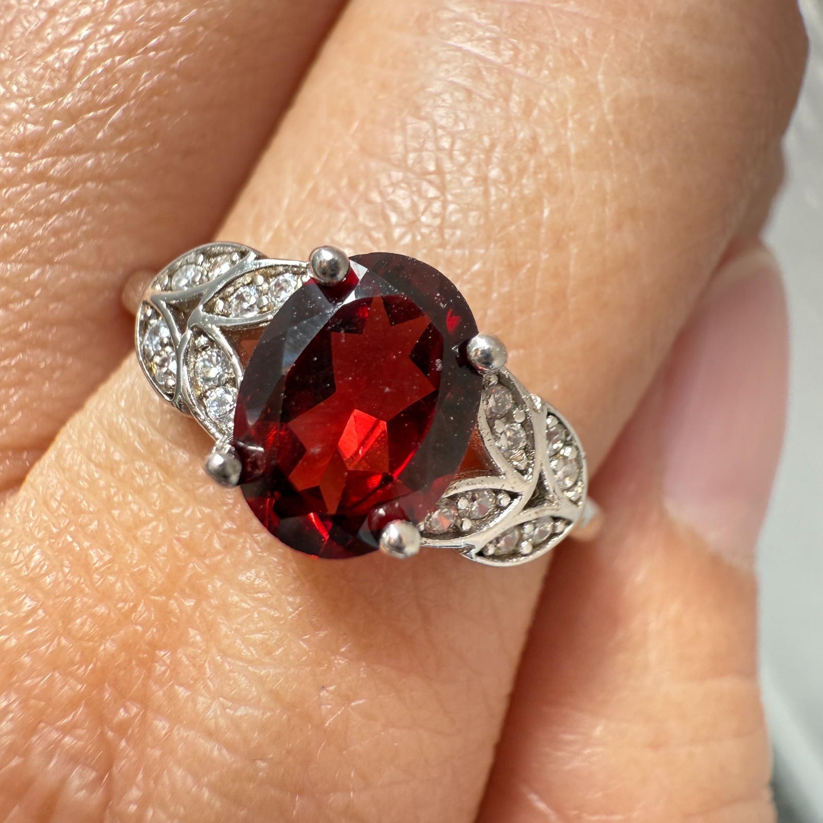 925 Sterling Silver Ring 8x6mm Natural Rhodolite Garnet Gemstone Zircon Flower