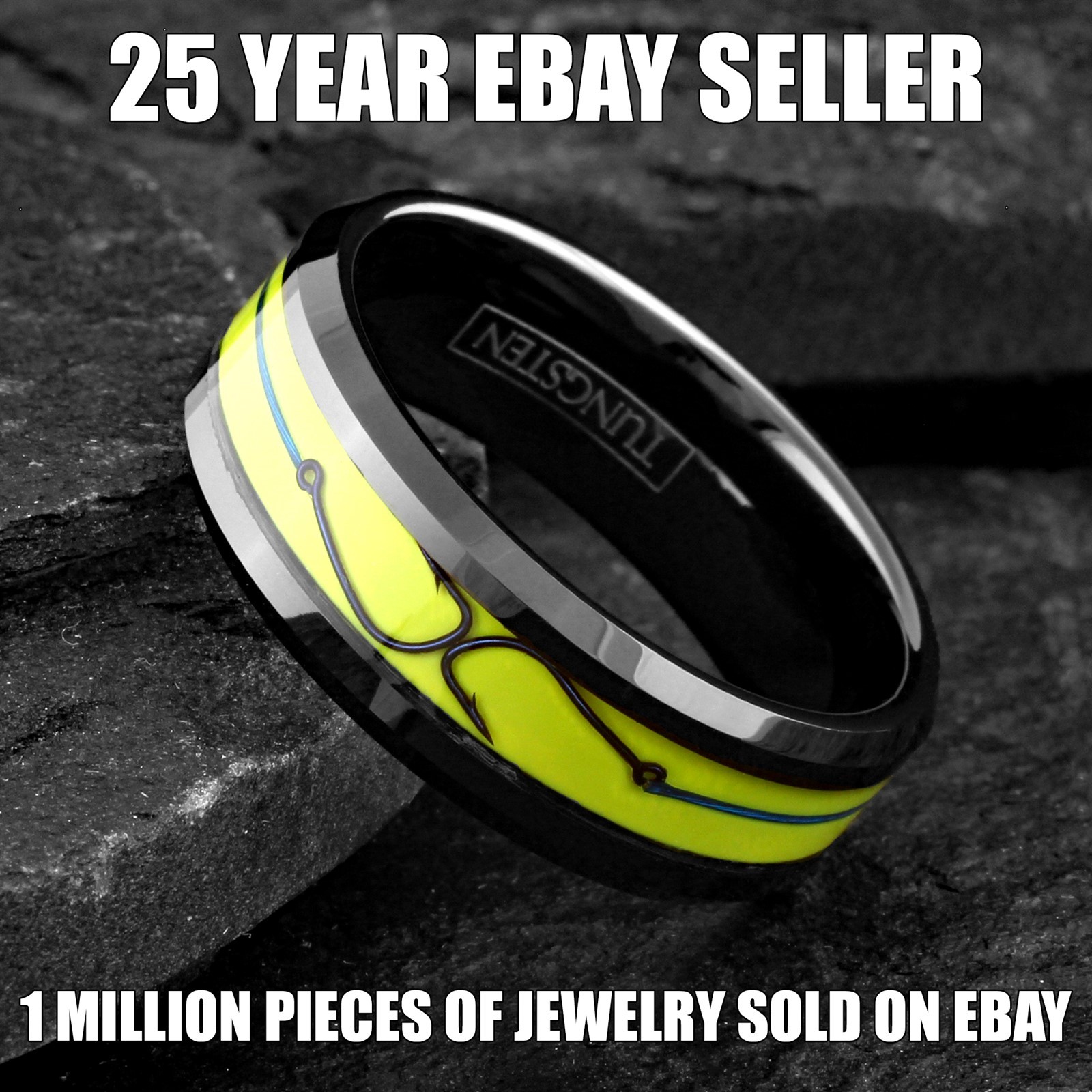 8mm Black Tungsten Yellow Enamel w/ Blue Fishing Line & Hook Wedding Band Ring