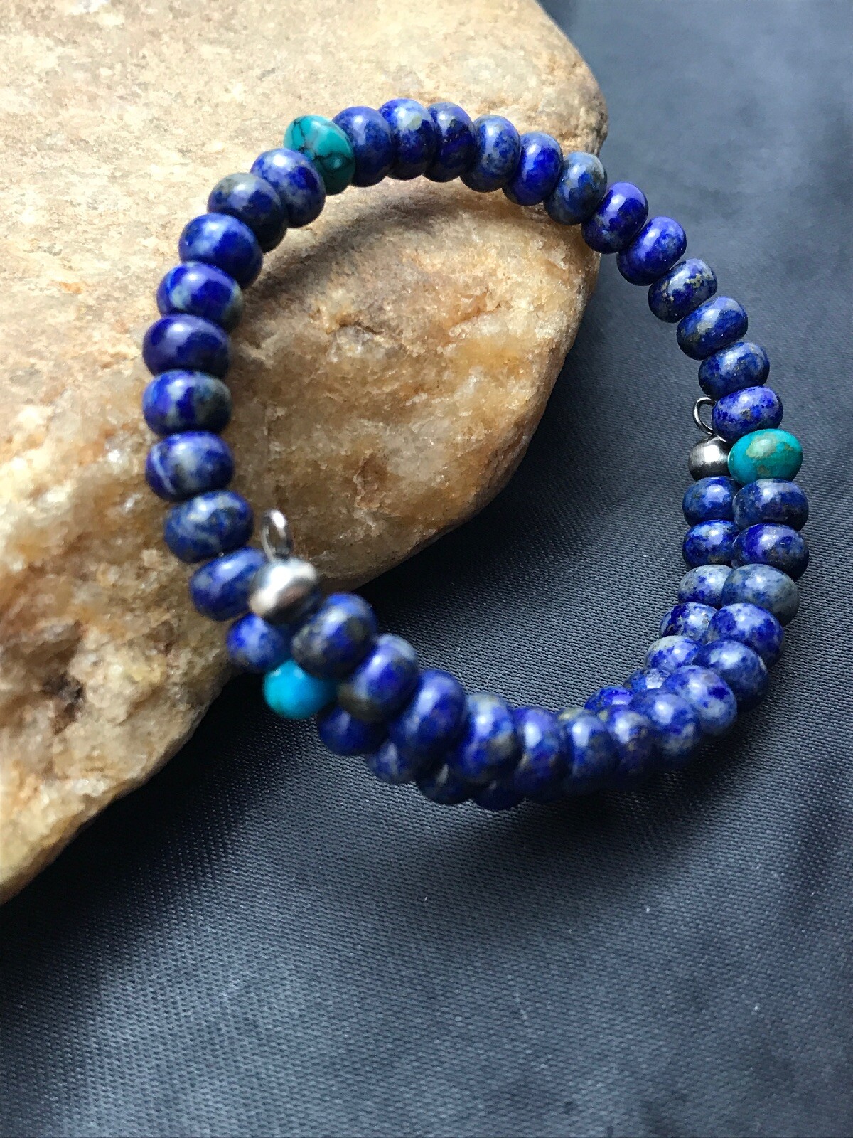 Lapis & Turquoise Bead Southwestern Navajo Sterling Silver Bracelet 03260