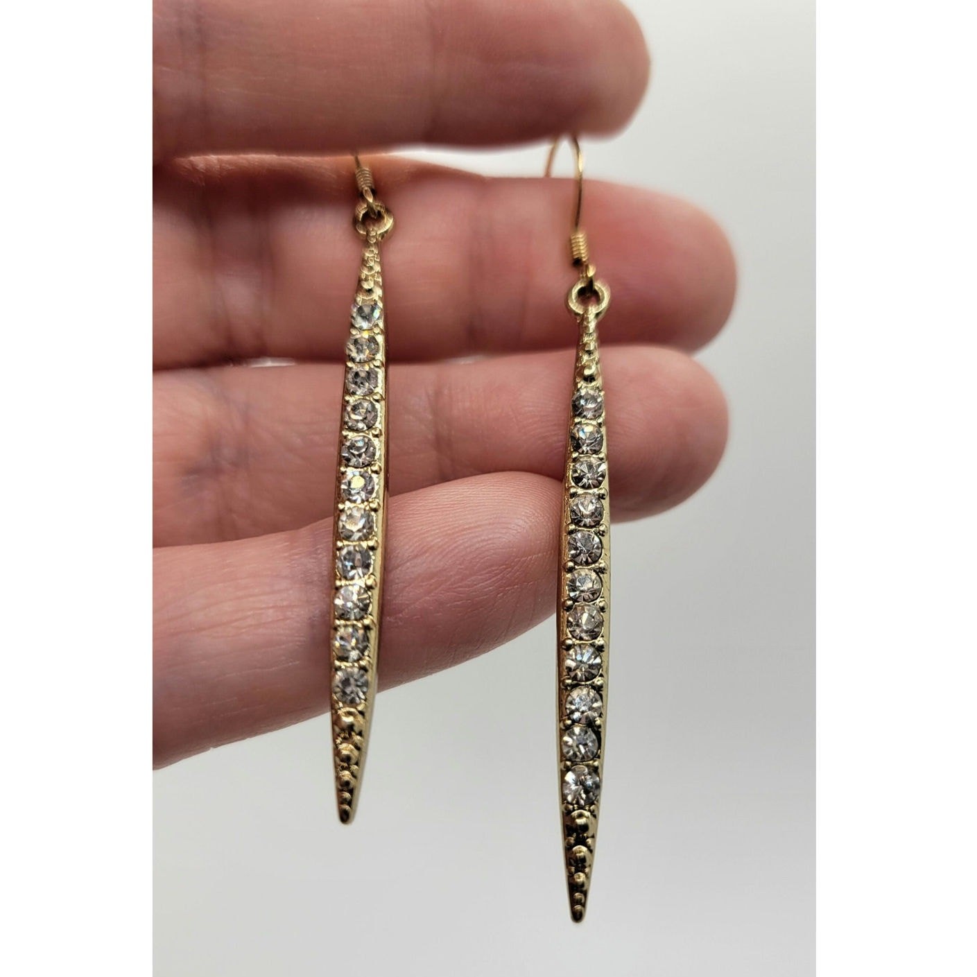 Vintage Signed Guess Stick/Spear Crystal Dangle Earrings Rhinestone Minimalist
