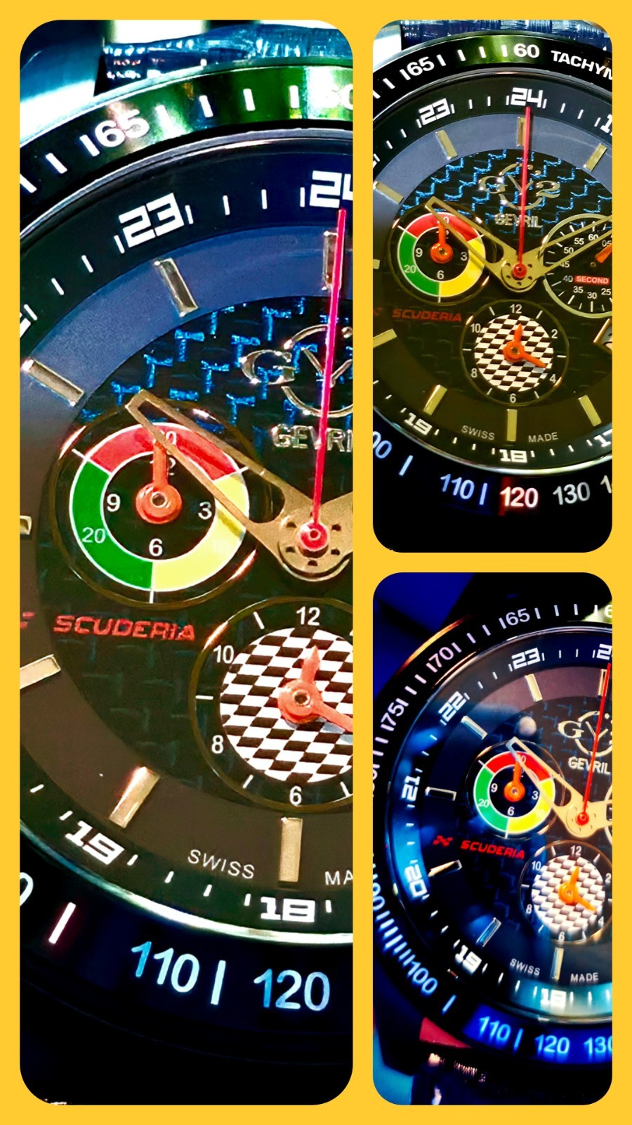GEVRIL SCUDERIA SWISS MADE ⌚ TACHOMETER SAPPHIRE CRYSTAL CARBON FIBER BLUE ALARM