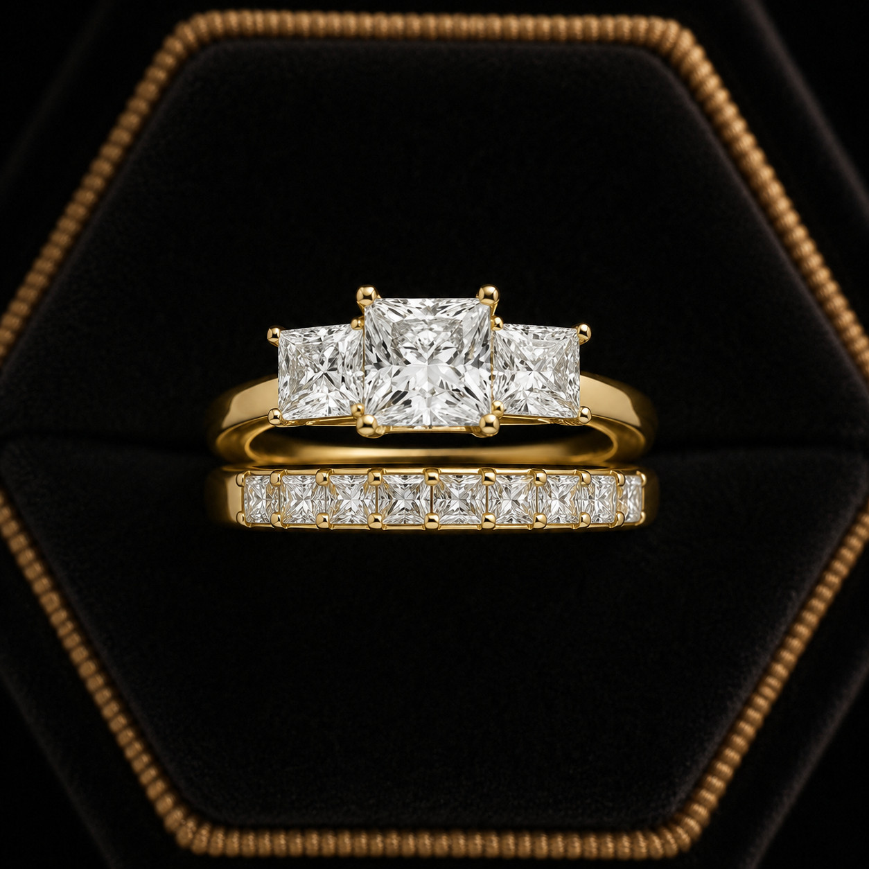 Moissanite Princess Bridal Band 14k Yellow Gold Plated Engagement Ring 2Ct Set