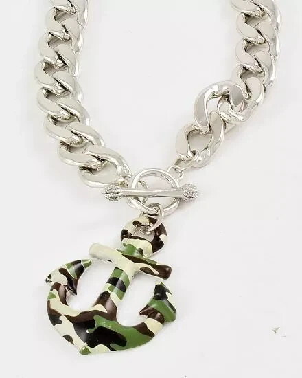 NEW SILVERTONE MILITARY CAMO ANCHOR NAUTICAL THEME CHAIN LINK PENDANT NECKLACE