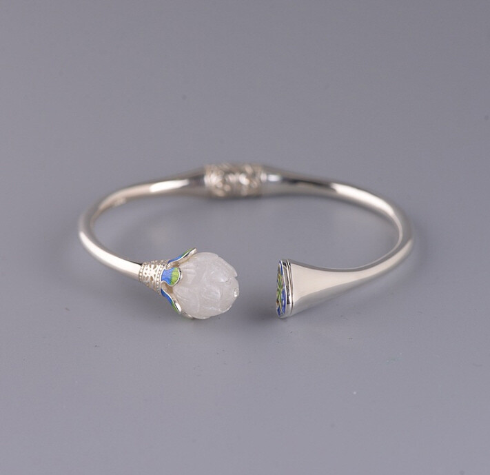 I05 Silver 925 Lotus Flower White Jade Cloisonne Blue Green Bangle Bracelet