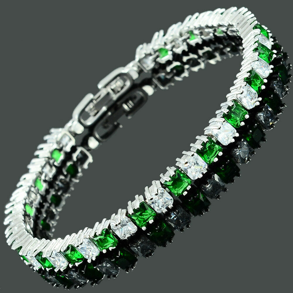 7.3″ White Gold Plated Brass White Green Blue Round CZ Tennis Bracelet Gift P52