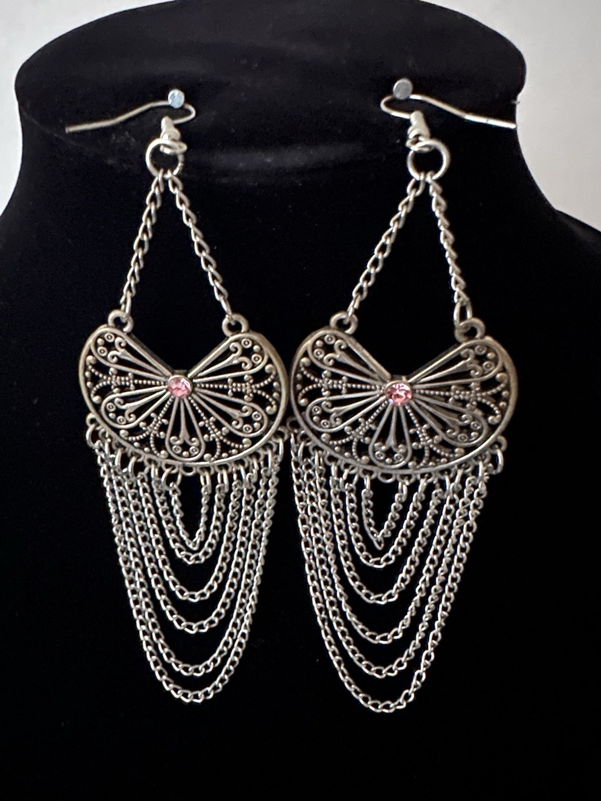 Boho Drop Chain Vintage Style Chandelier Earrings Pink Rhinestone Accent