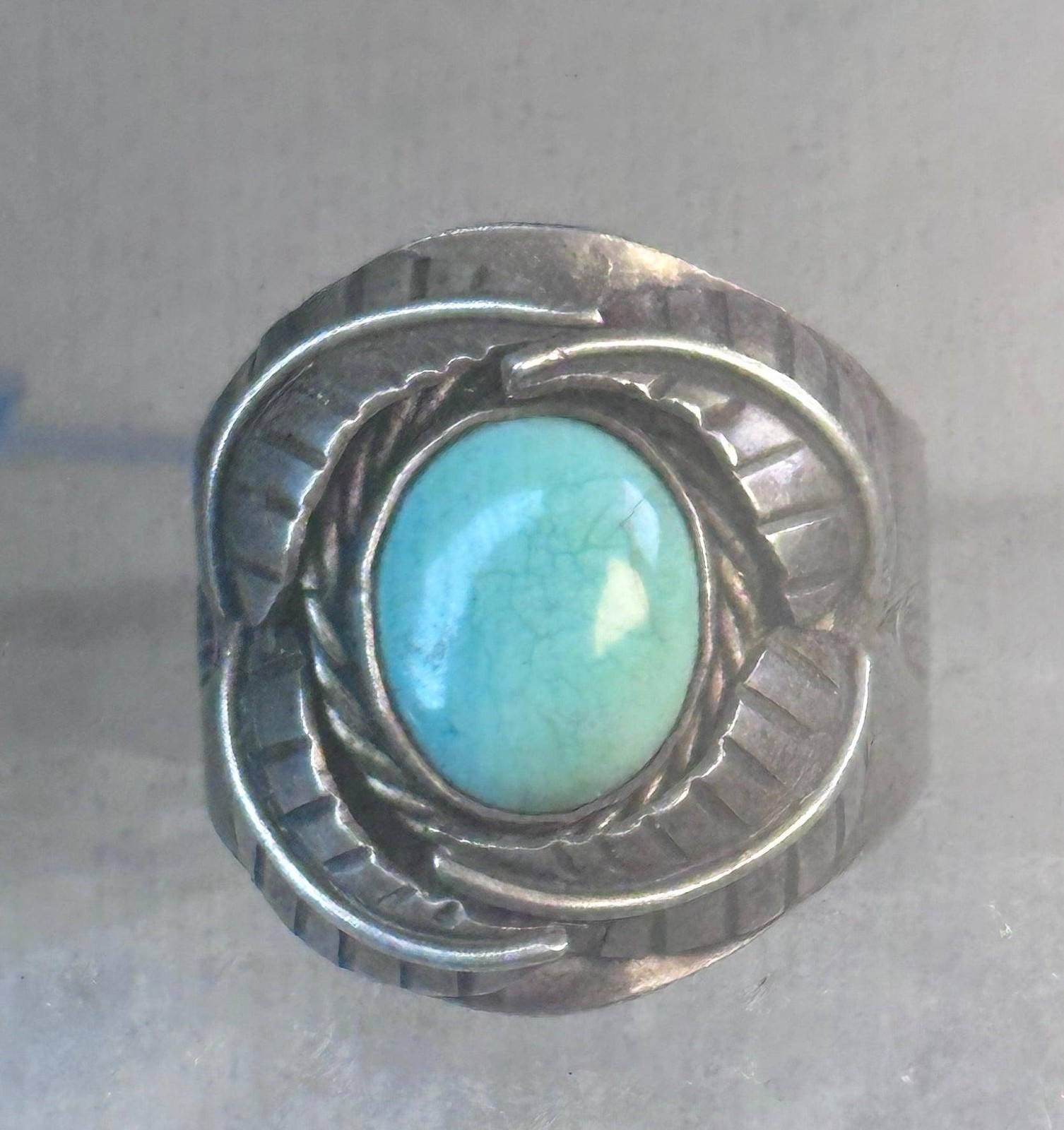 Navajo Ring Turquoise wide band leaves size 10.7 southwest sterling silver women