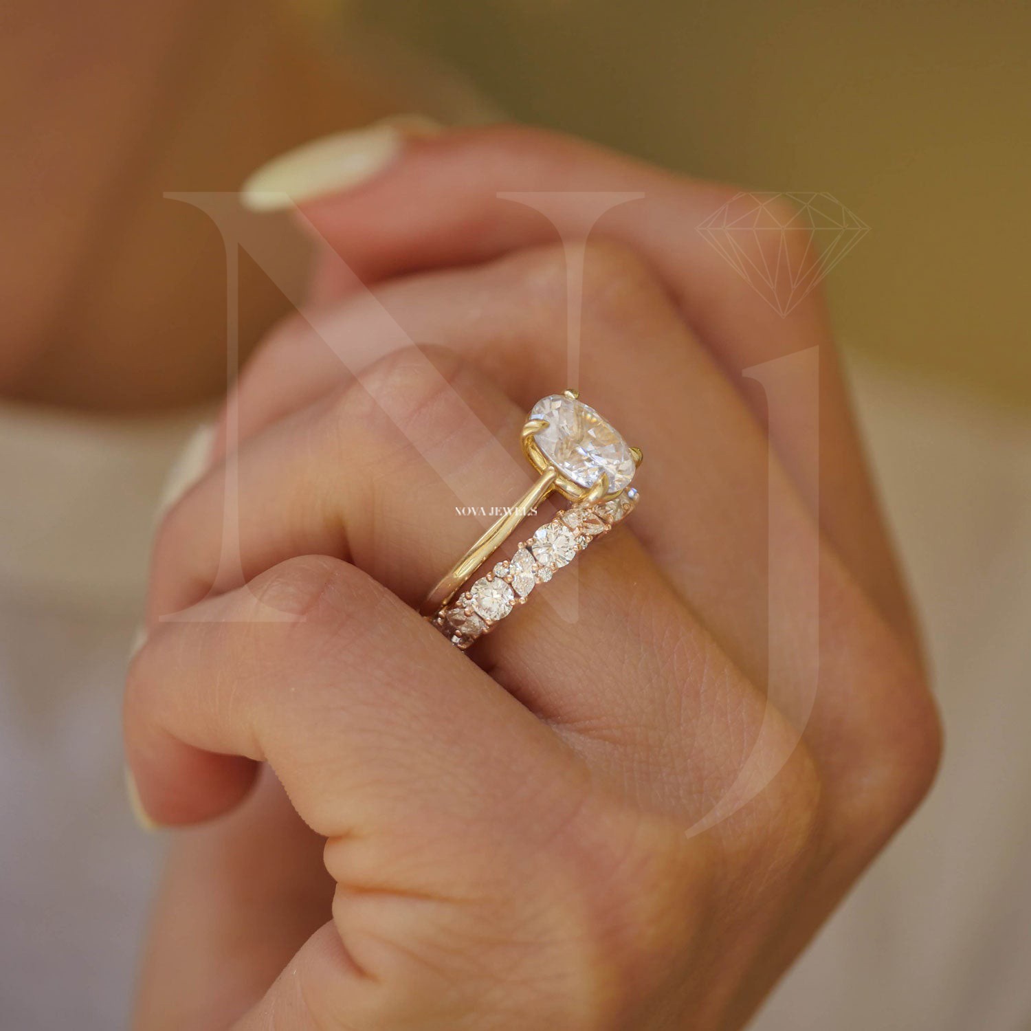 1.09 CT Round & Marquise Cut VVS1 Moissanite Wedding Band 14K Yellow Gold Plated