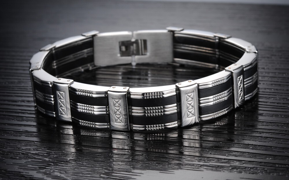 Mens silicone Bracelet Bangle Stainless Steel Fashion Jewelry 13mm 8.26inch