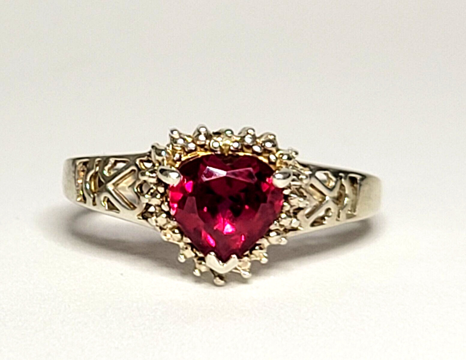 Sterling Silver (.925) Lab Created Ruby Heart & Diamond Accent Ring, Size 7, JJT