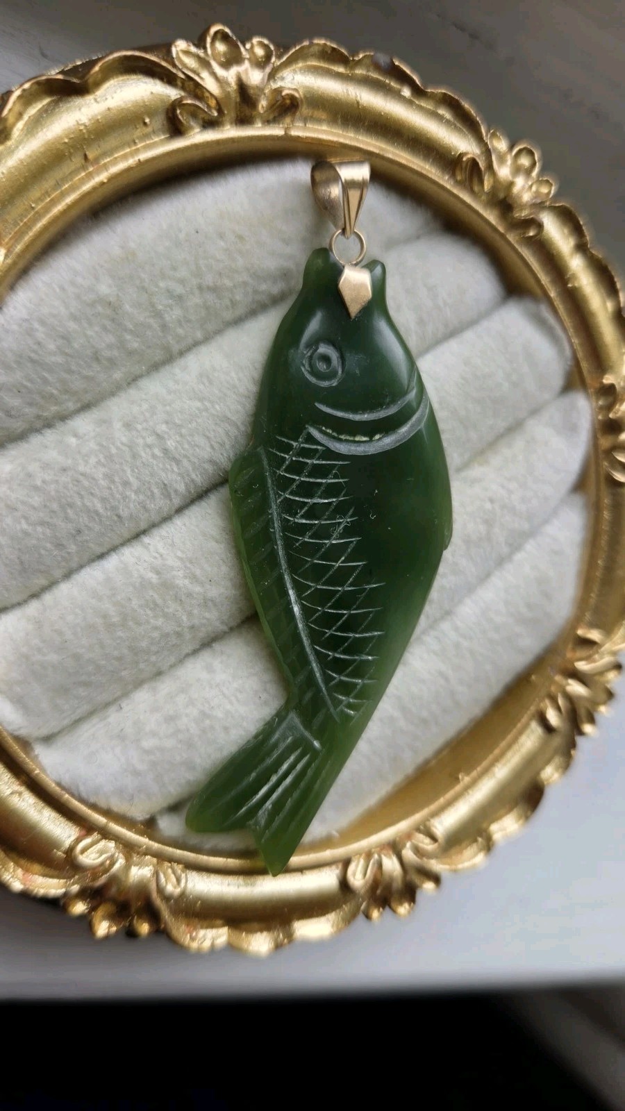 14k Yellow Gold Pendant With A Large Green Jadeite Hand Carved Koi Fish
