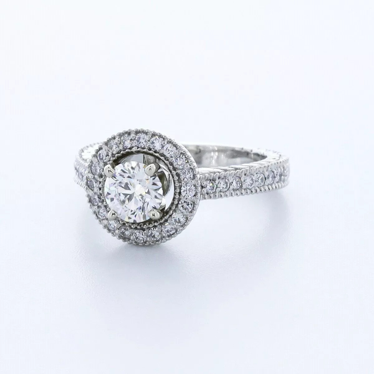 Platinum Side Stone Engagement Ring Halo 1.58 CT Round Lab-Grown Diamond D VS1
