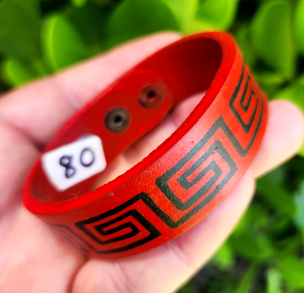 Red genuine leather women cuff Bracelet: Black hand painted Greek Aztec style