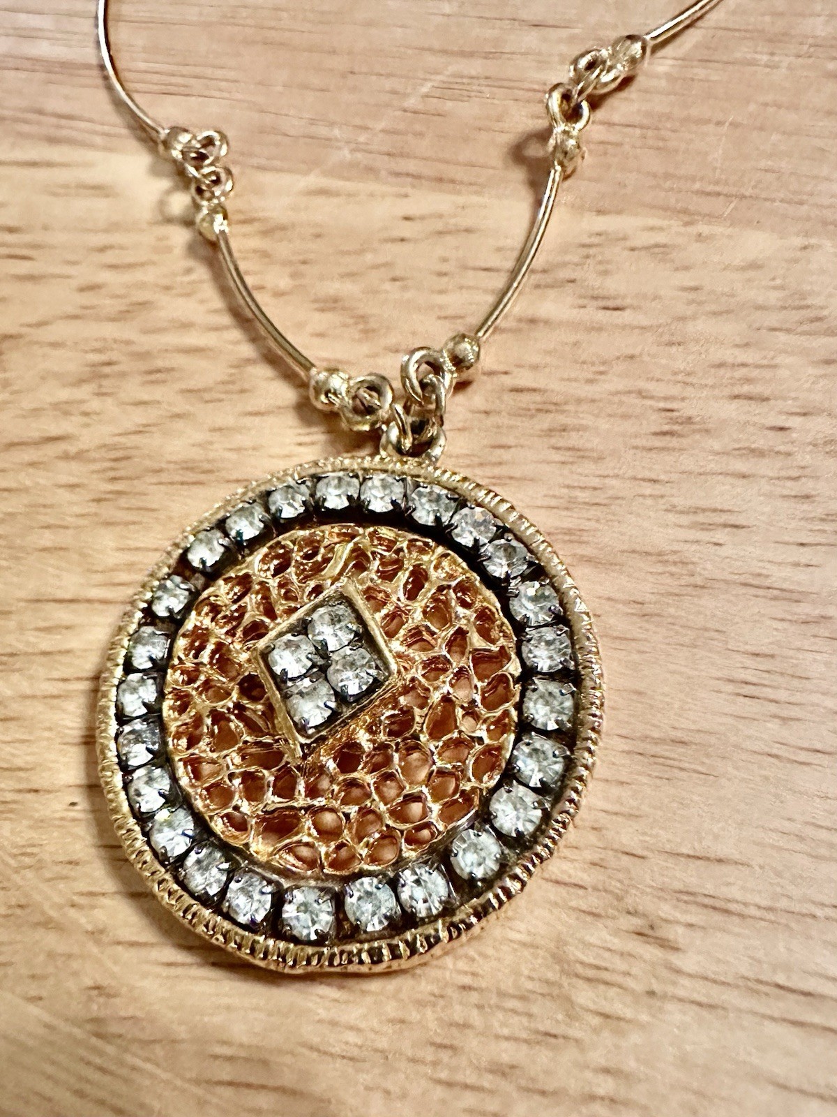 Vintage Gold Tone Filigree Medallion Pendant. Structured Chain. Rhinestones. #85