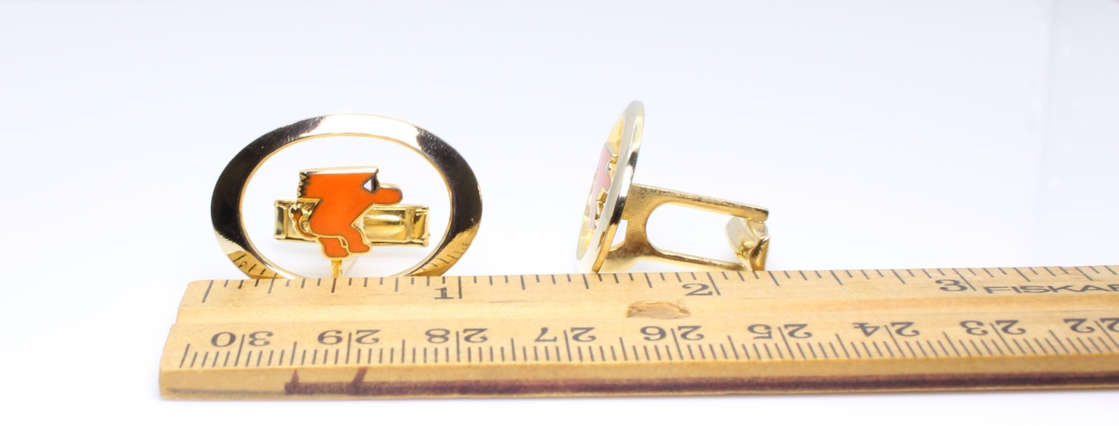 Vintage 1950s Orange Enamel Mascot Floating Logo Cufflinks MCM Gremlin Gnome