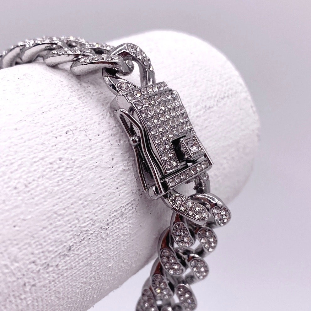 Silver Tone Cuban Link Full Rhinestones Pave Alloy Bracelet