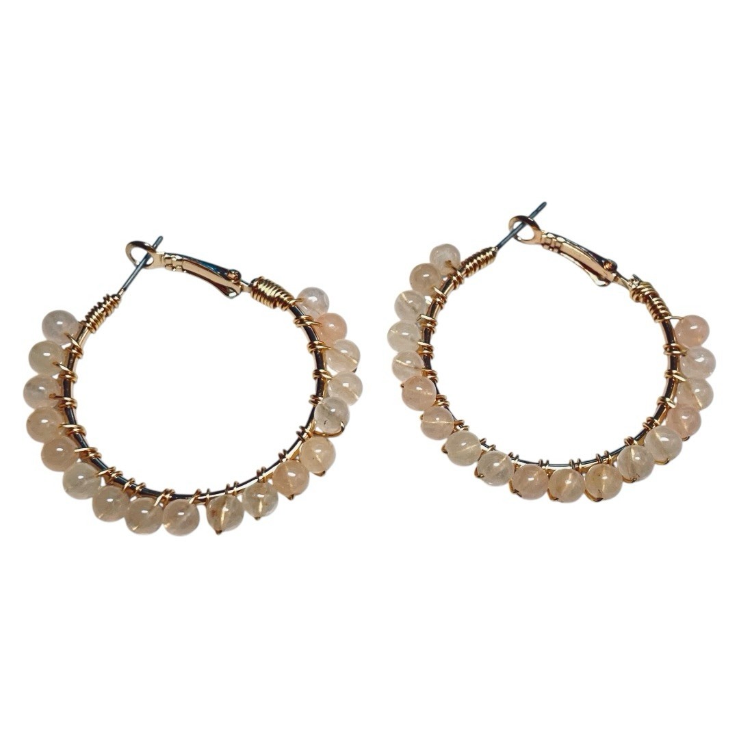 New Parfois Rose Quartz Stone Beaded Hoop Gold Earrings