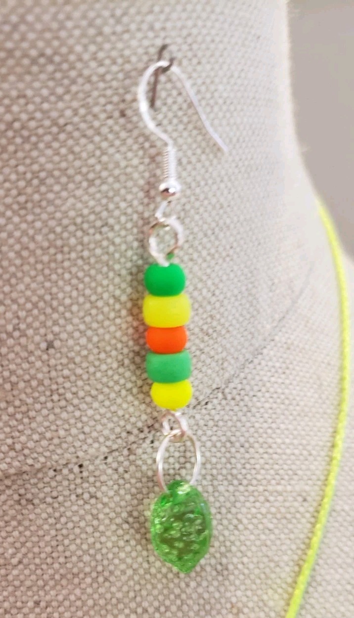 Handmade Citrus Fruit Glass Bead Necklace & Earrings Set Lime Green Cord 21-24″
