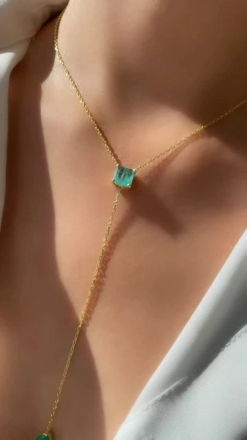 Colombian Emerald Lariat Y-Necklace Long Layering Pendant 18K Yellow Gold Plated