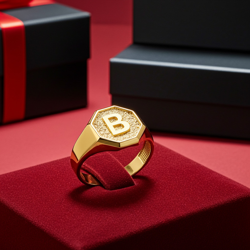 Men’s 10K Yellow Gold Letter Initial Octagon Signet Ring Personalized A–Z