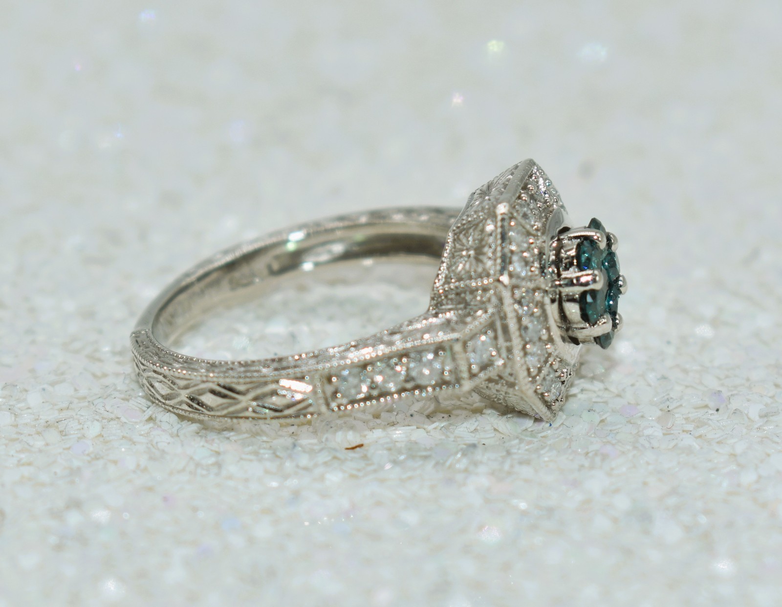 0.57 CT TW Treated Blue & White Diamonds Sterling Silver Halo Ring Size 8-1/4