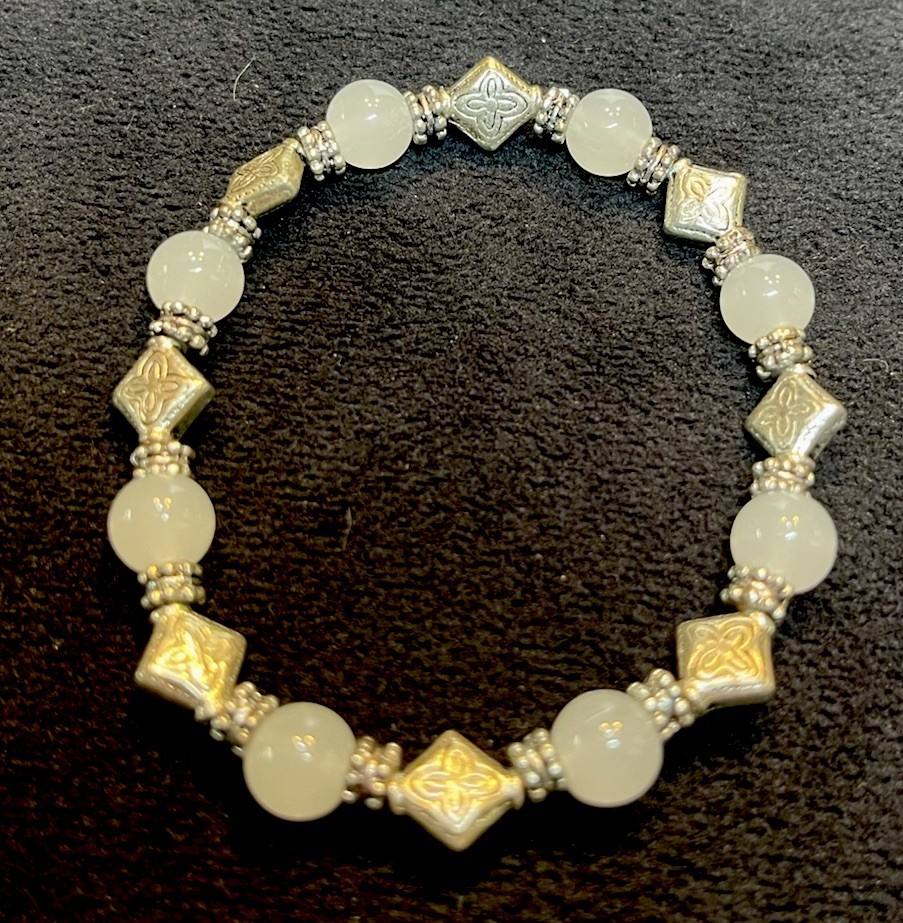 Handmade Stretch Bracelet White and Silver Tone Beads / Bohemian Style