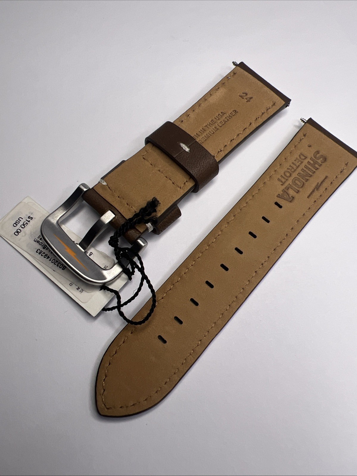 Shinola 24mm Dark Nut Brown Leather Watch Strap Band 22mm Brushed Steel Tang