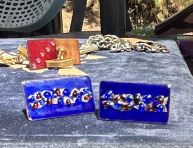 Unique Vintage Blue enamel and stone cufflinks from the mid-20th century.