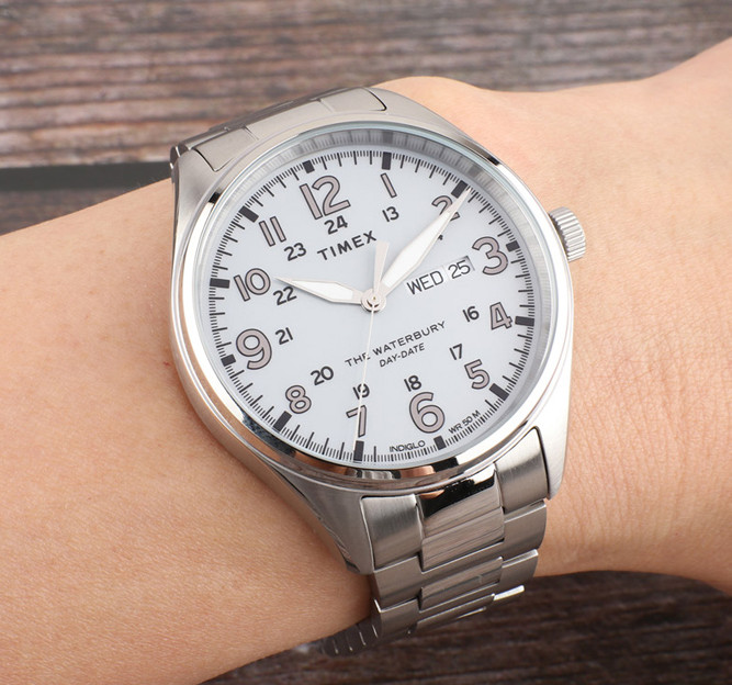 Timex Waterbury TW2T70800 Silver Day Date Stainless Steel Men’s Watch 42mm 50M