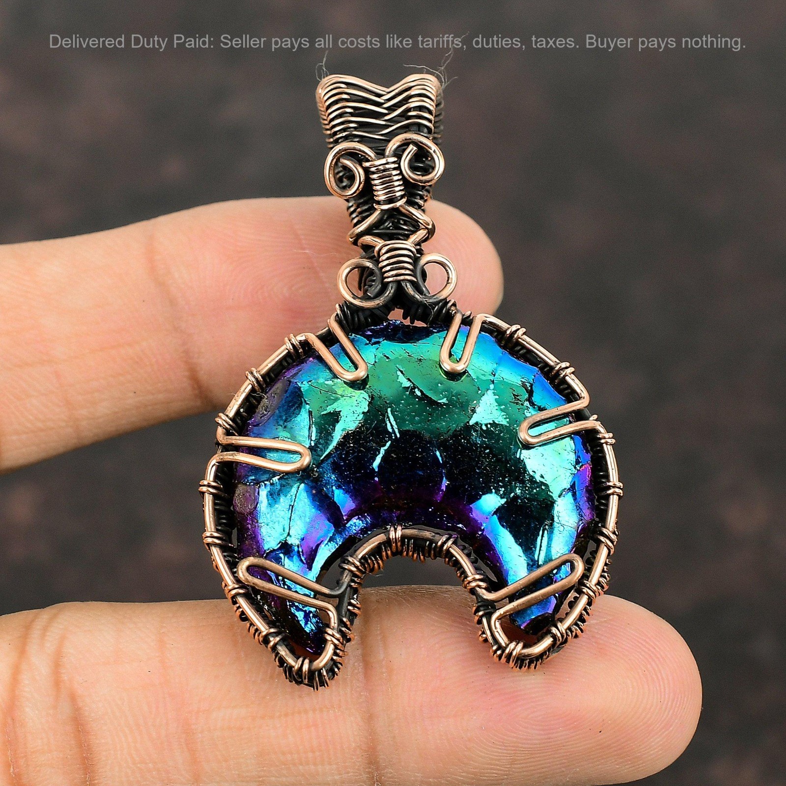 Copper Natural Titanium Druzy Daughter Wire Wrapped Crescent Moon Trendy Pendant