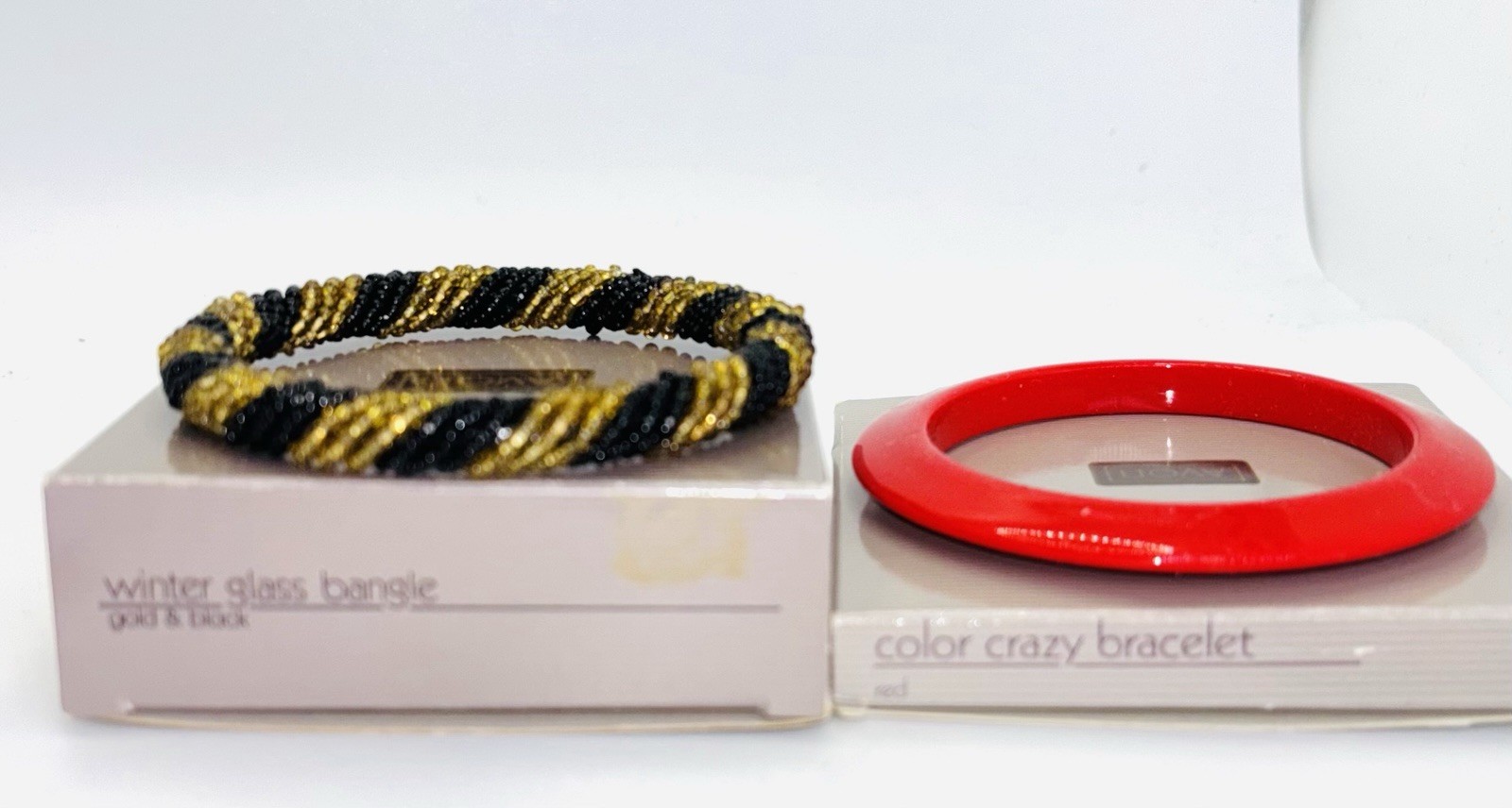 2 Pc Avon Gold And Black Winter Glass Bead Bangle Bracelet and Color Crazy Red