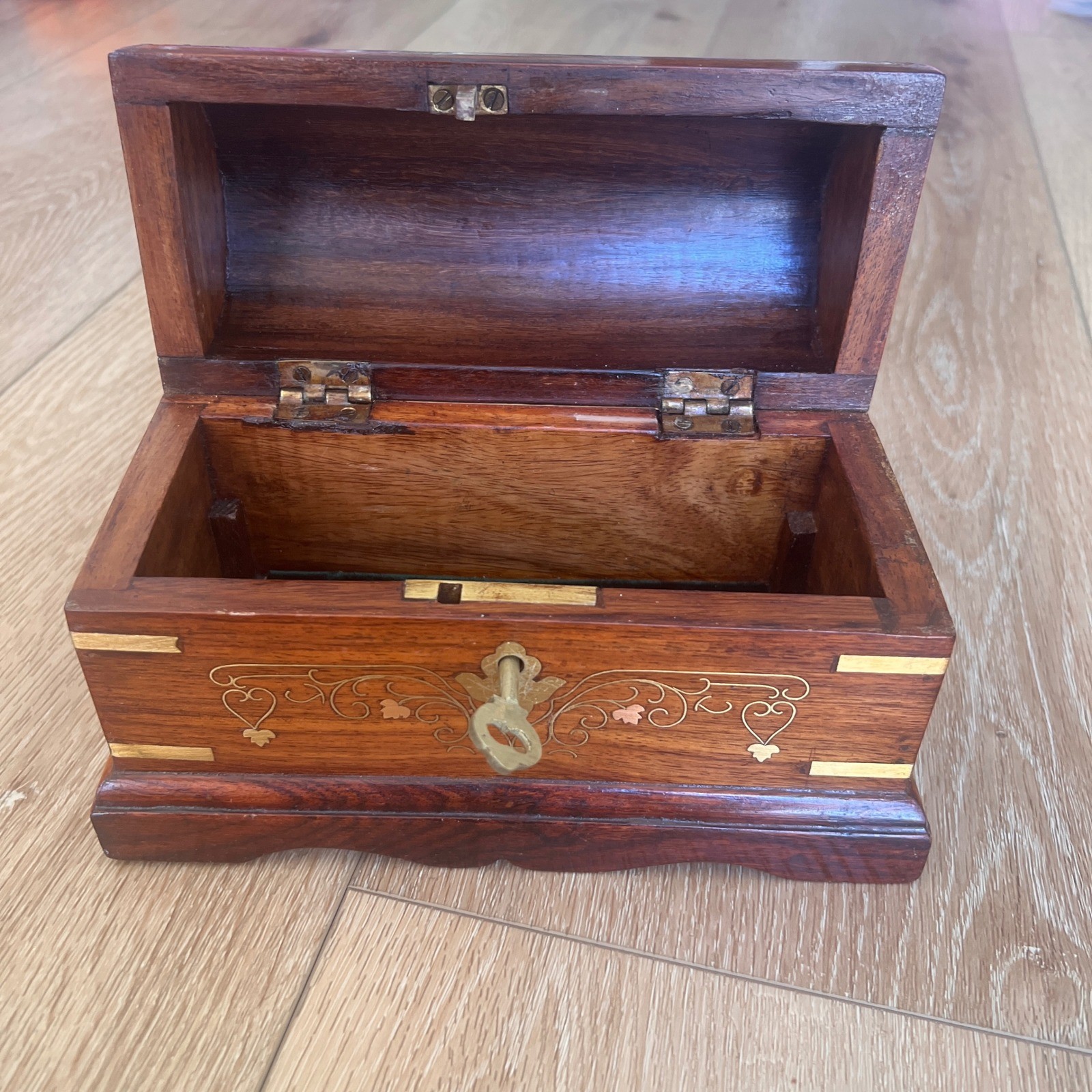 Vintage Wooden Jewelry Box Dome Top Brass Inlay Chest with Key Keepsake Box