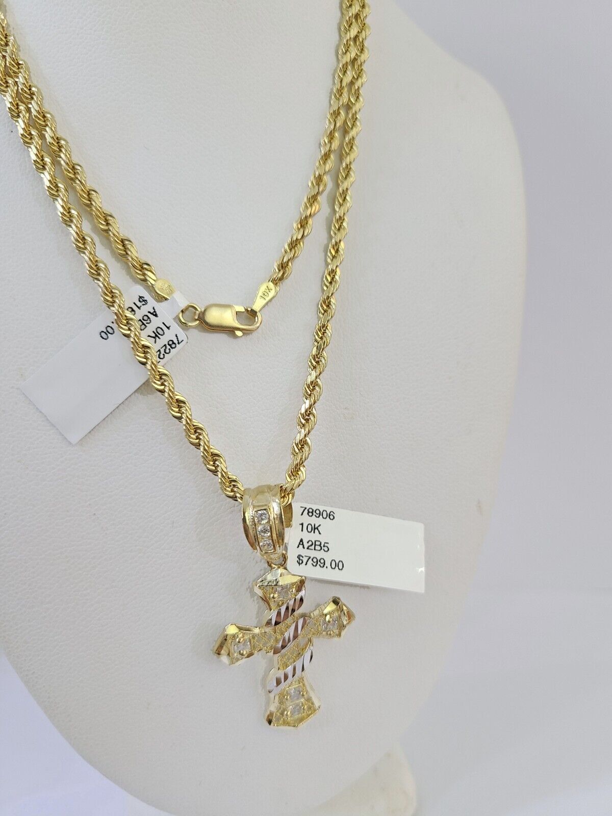 Real 10k 3mm Rope Chain Spiral Cross Pendant 18″ 20″ 22″ 24″ 26″ Gold Set