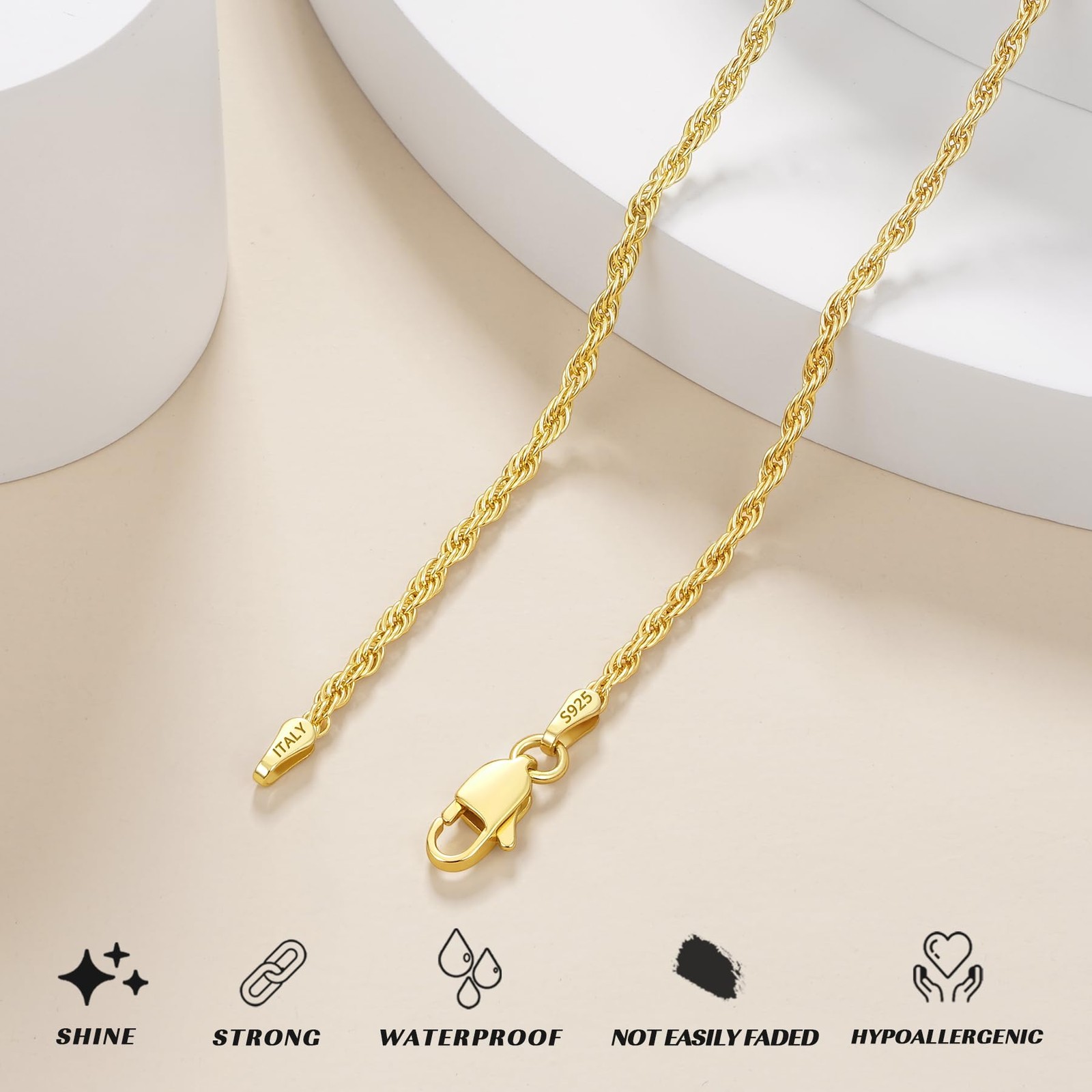 18K Gold Plated Rope Chain Necklace for Women 20 Inch