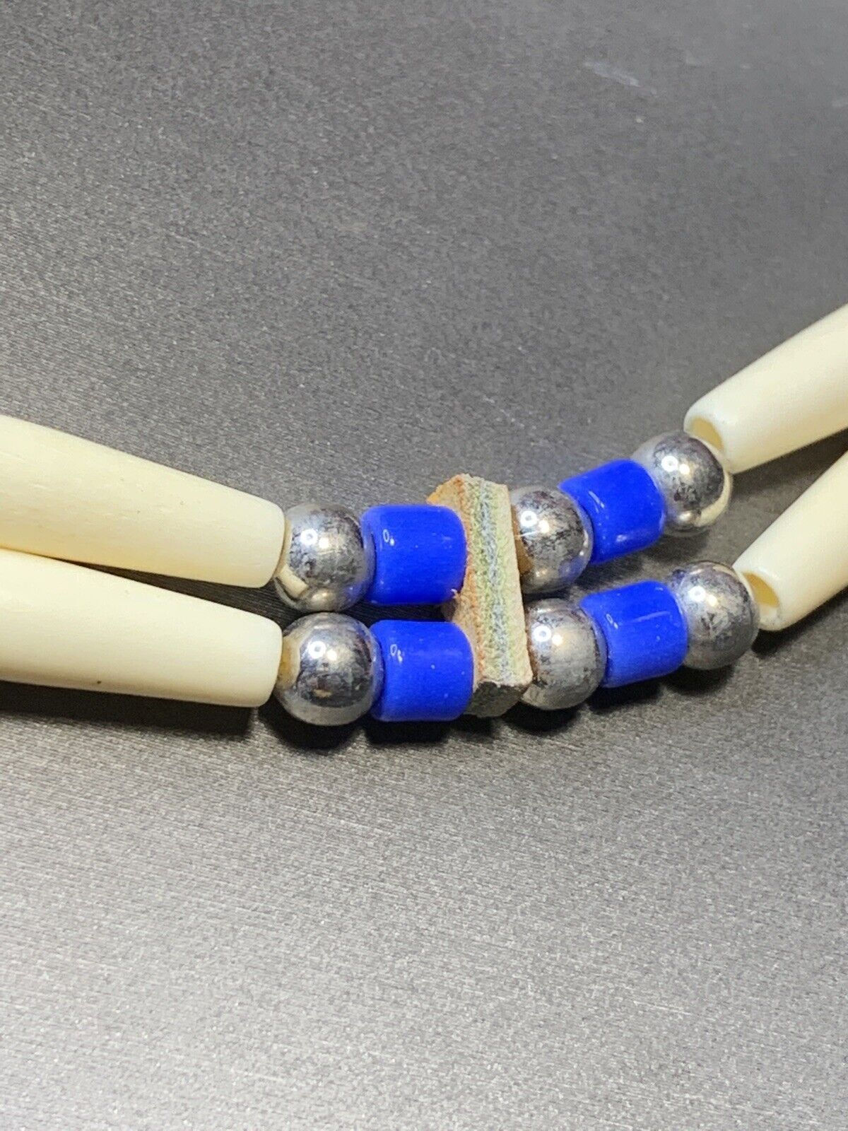 Signed DS Native American Blue Leather beaded tie on choker necklace