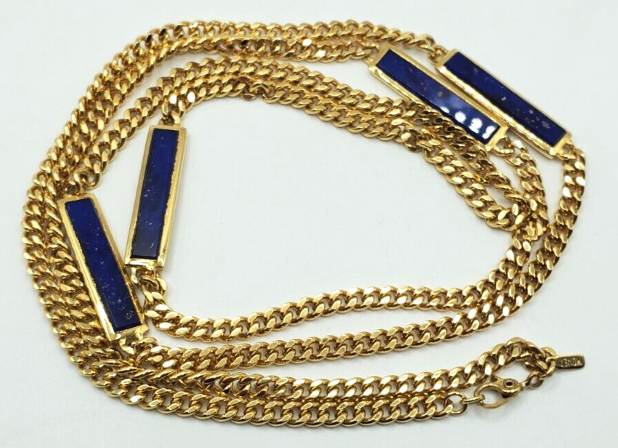 Vintage Monet Gold Tone an Four Blue an Gold Flake Bars on Heavy Chain Statement