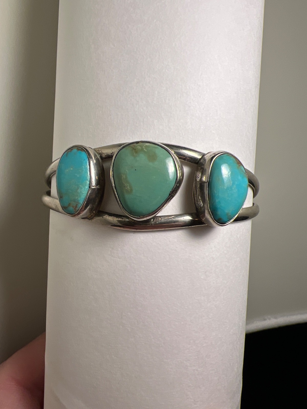 Real 3 Stone Turquoise, SW Alpaca Turquoise Cuff Adult- Medium Bracelet
