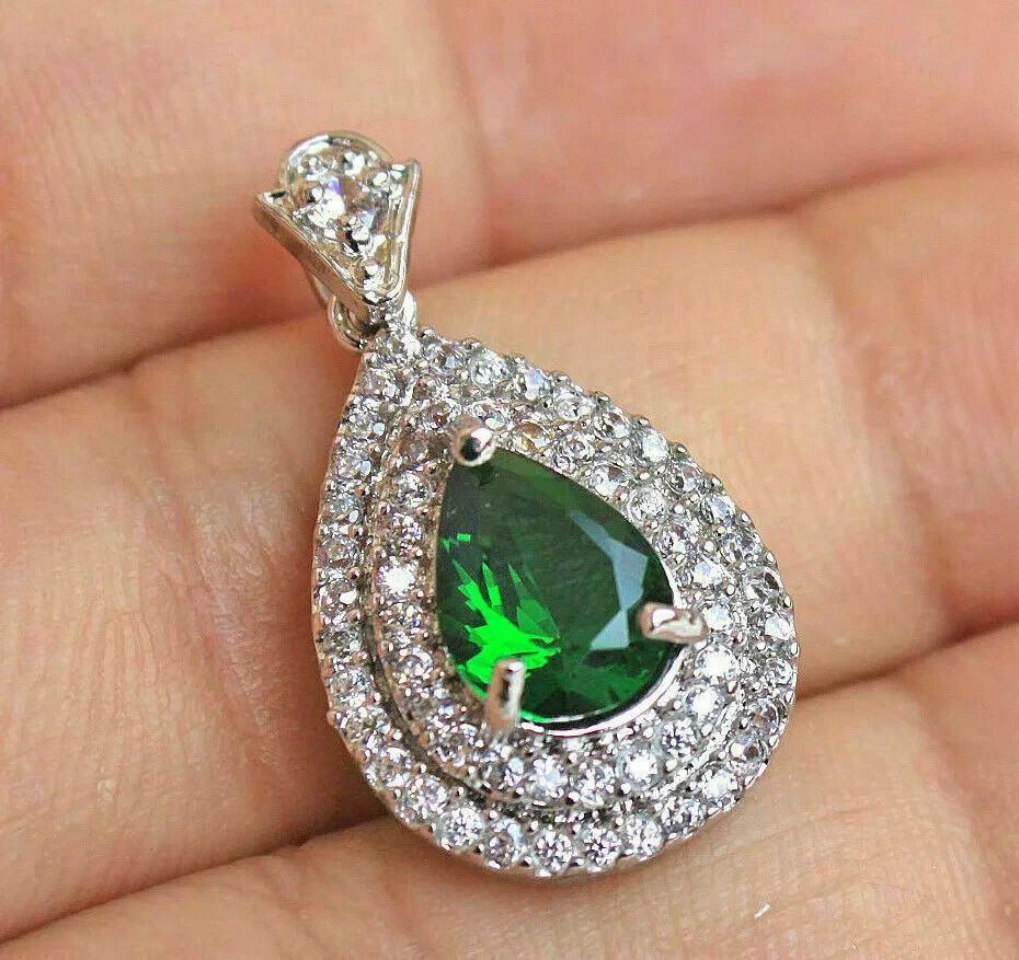 2.50Ct Pear Cut Green Emerald Teardrop Pendant Necklace 14K White Gold Finish