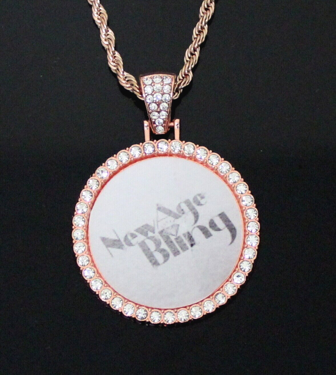 Picture + Glass CZ Photo Pendant 14k Rose Gold Plated Stainless Steel Necklace