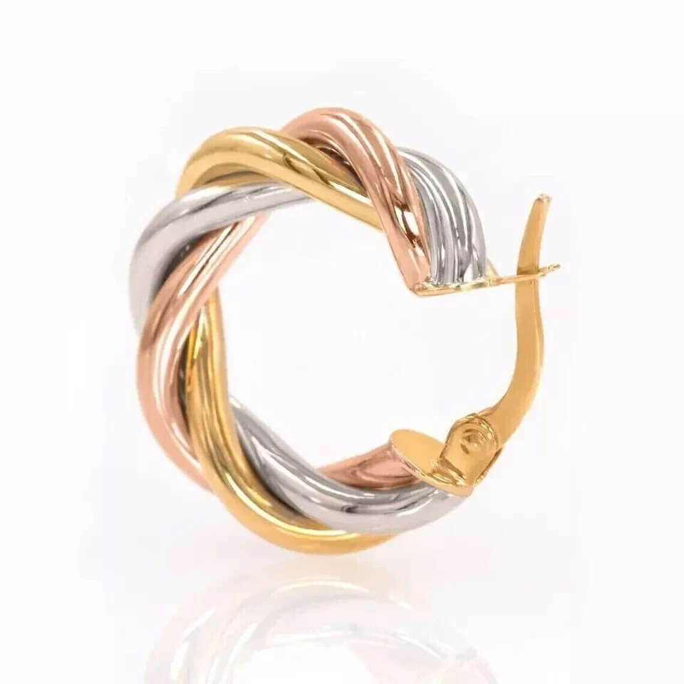 Estate Vintage 14K Yellow Rose White Gold Plated TRI Color Hoop Earrings