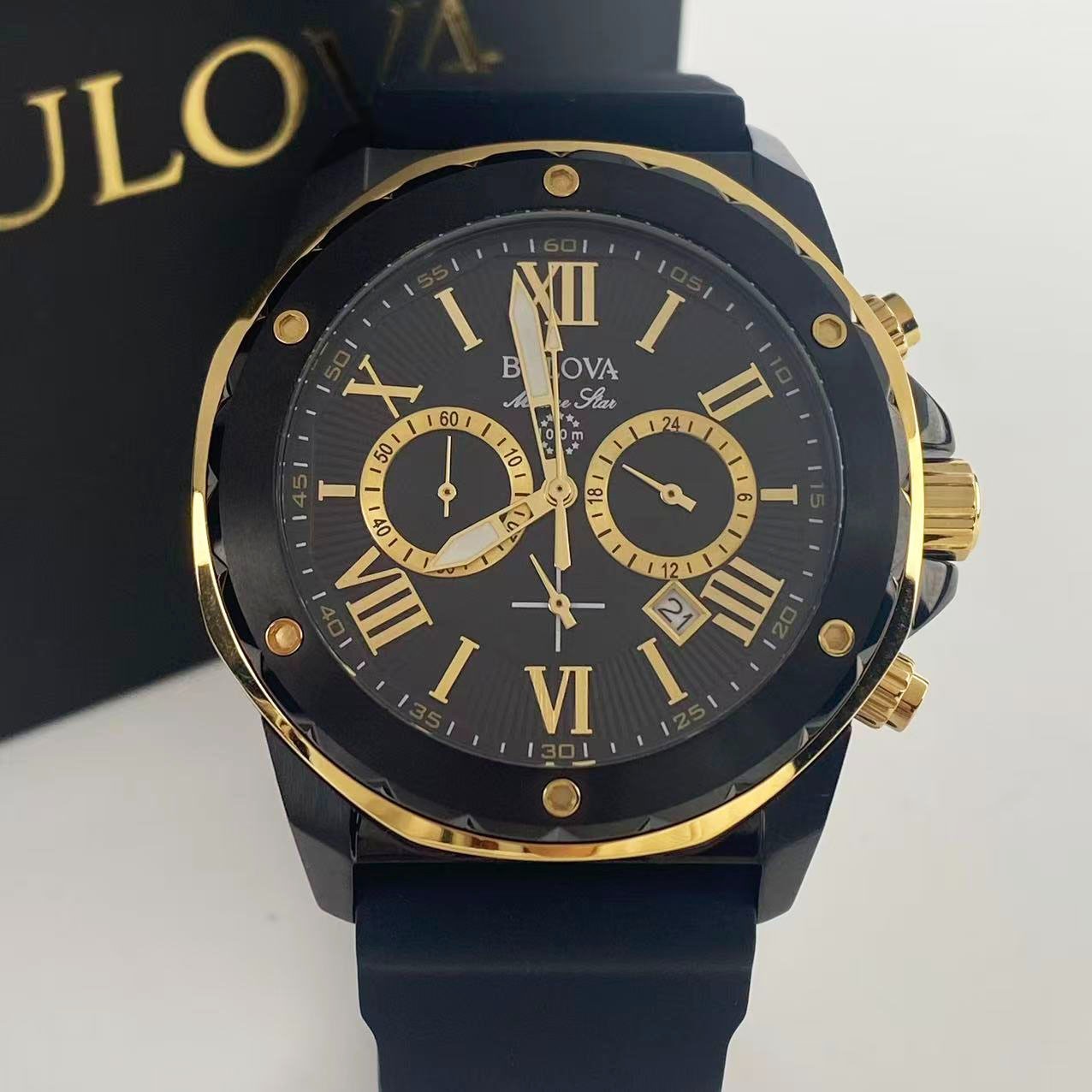 New Bulova Marine Star -98B278- Men’s Chronograph Quartz Watch Black Dial 44 mm