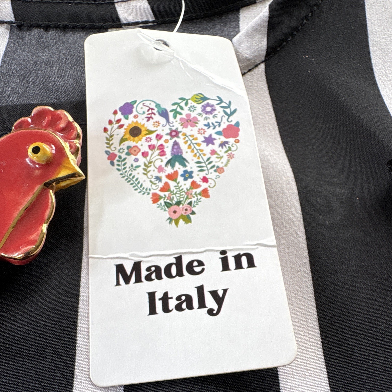 Enamel Rooster Head Brooch Pin Multicolor Metal Made in Italy Tag