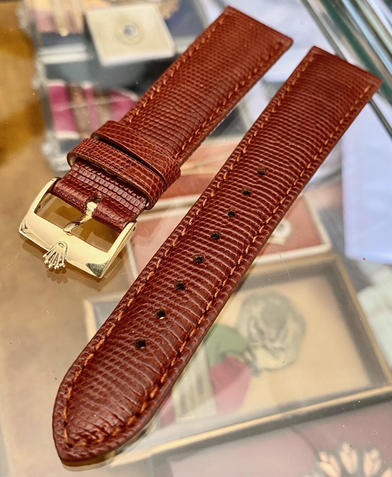 ROLEX 18k GOLD 16mm Logo Buckle Cognac Color Genuine LIZARD 20mm Strap
