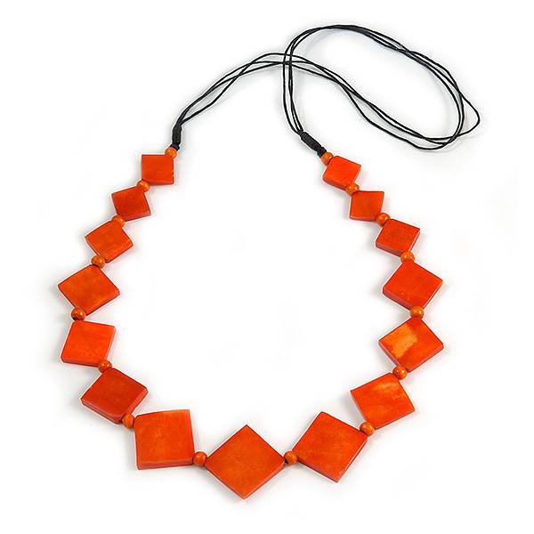 Orange Square Bone Bead Black Cotton Cord Long Necklace – 82cm L